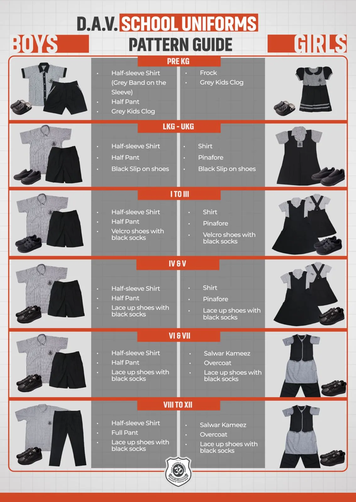 Official DAV School Uniforms Pattern Guide – Boys and Girls uniform details from Pre-KG to Class XII